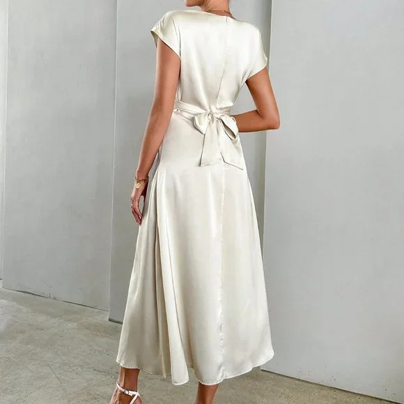 Apricot Casual Womens Solid Criss Cross Front Satin A-line Dress - Picture 2 of 5